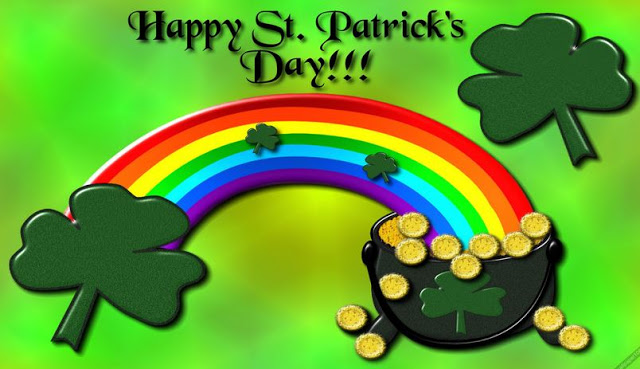 Happy Saint Patrick’s Day rainbow with shamrock leaf and golden pot