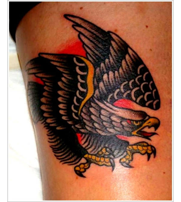 Traditional Flying Eagle Tattoo On Thigh