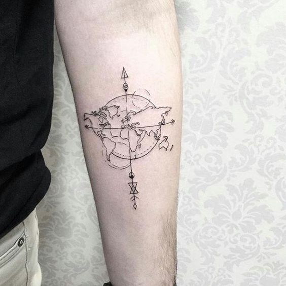 Black Outline Globe And Compass Tattoo On Forearm