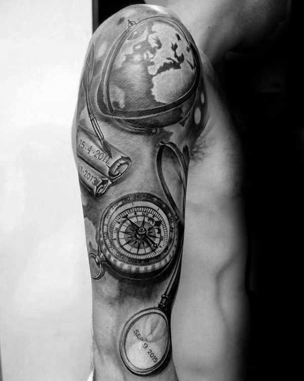 Black globe and compass tattoo with stethoscope on right full arm for men