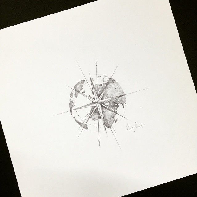 Black shaded globe and compass tattoo design