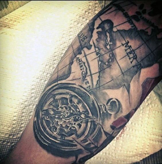 Compass & Globe Bicep Tattoo For Men