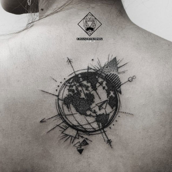 Grey Ink girly globe and comass tattoo on Back by Johandry Businesz