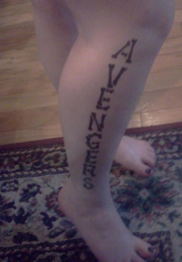 Black avengers tattoo on right leg by Chibiduelist