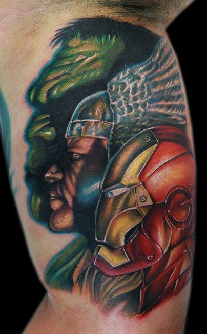 Colored avengers heroes tattoo on upper inner sleeve for men