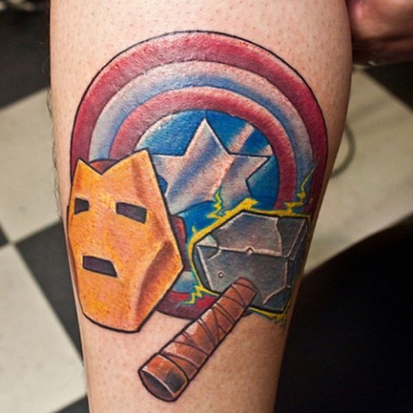 Colored avengers logos tattoo on body