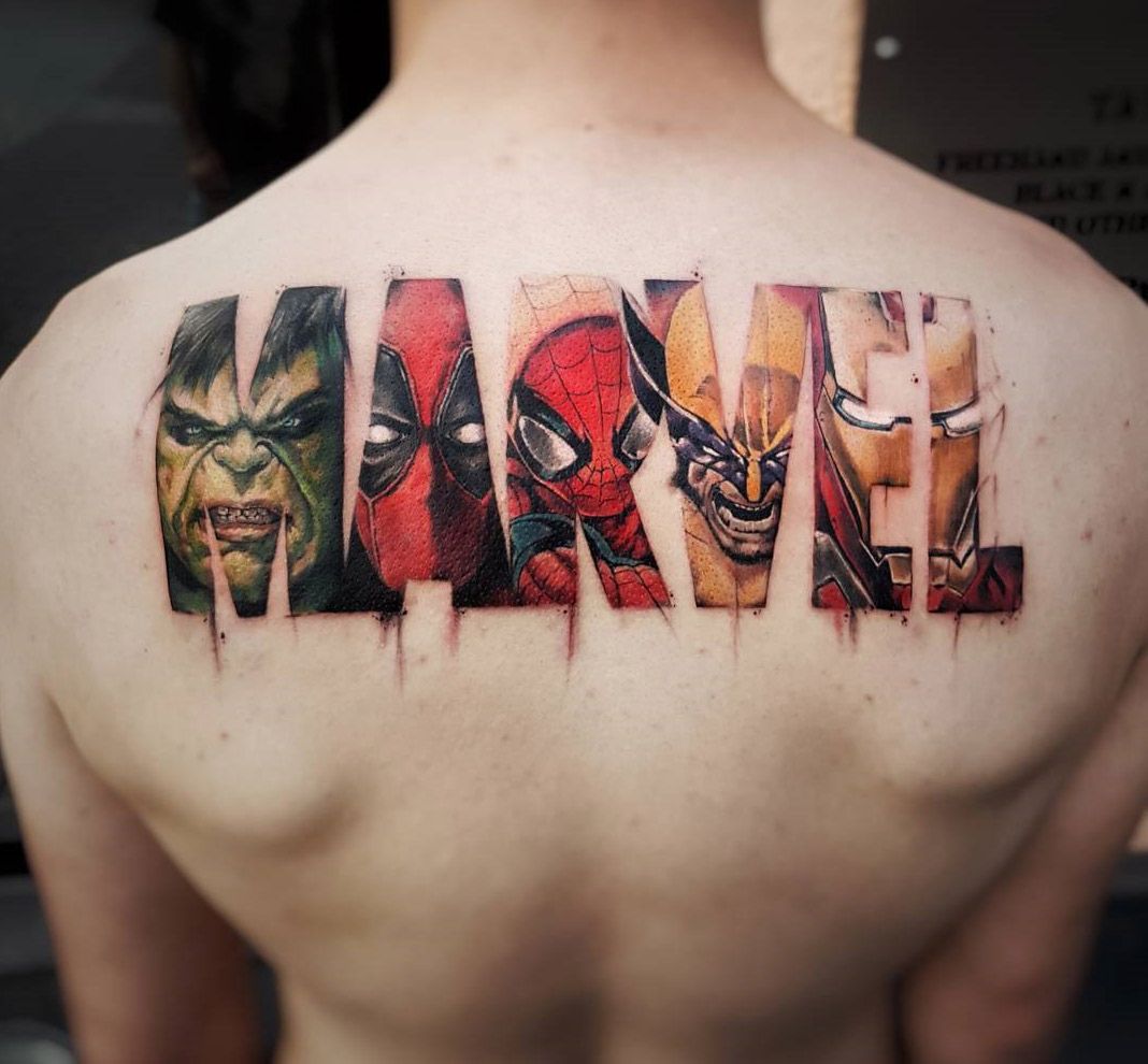 Colored avengers marvel tattoo on upper back