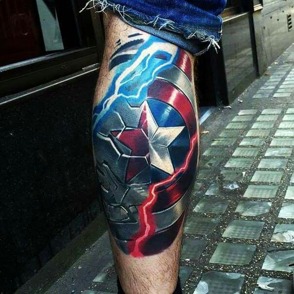 Colored avengers star logo tattoo on calf