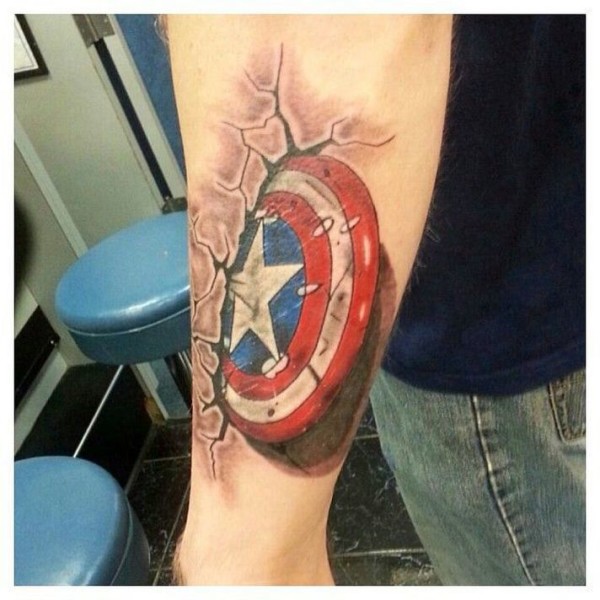 Colored avengers star logo tattoo on forearm