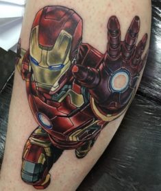 Colored iron man avengers tattoo on body