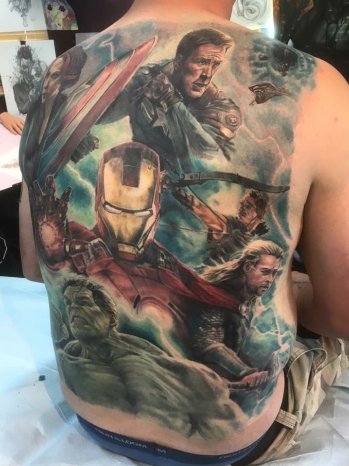 Colorful avengers picture tattoo on full back for men