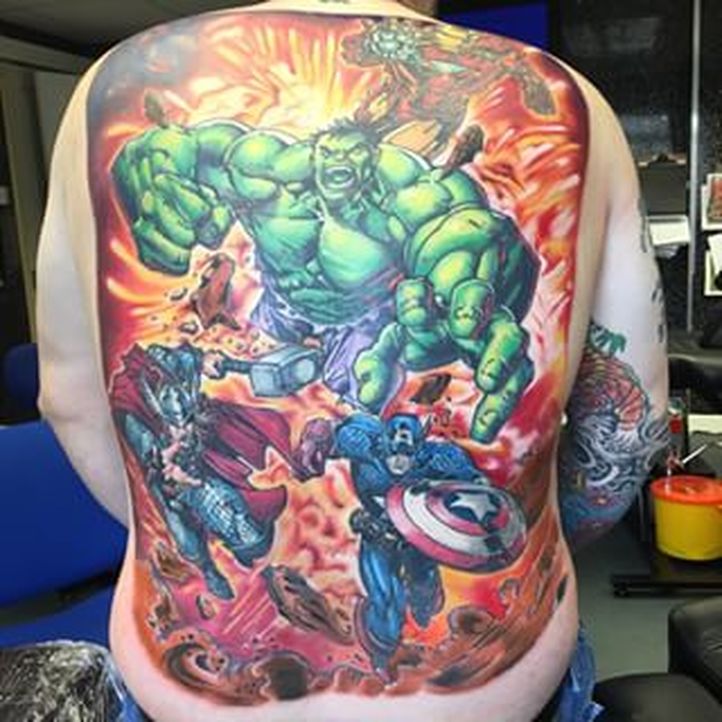 Colorful avengers picture tattoo on full back