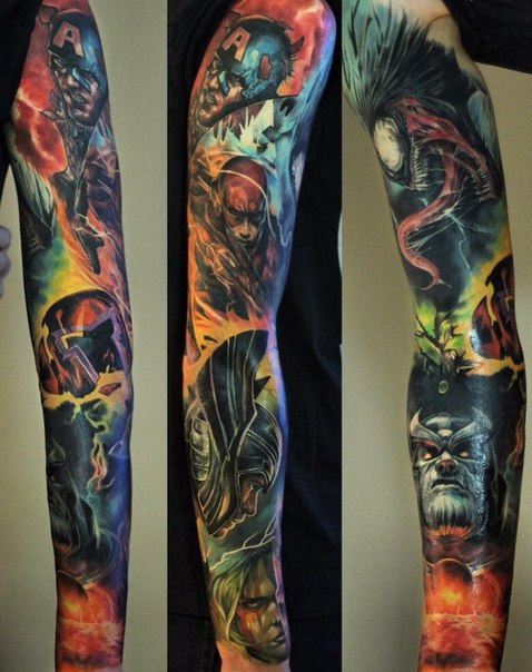 Colorful avengers picture tattoo on full sleeve for men