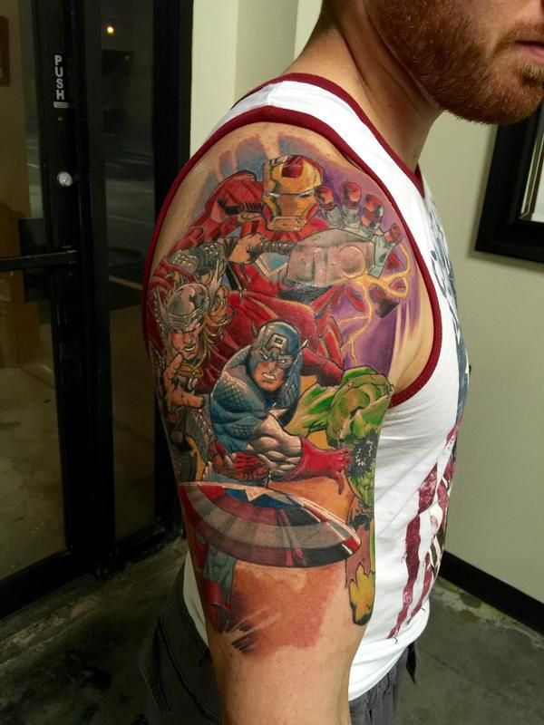 Colorful avengers picture tattoo on right full upper sleeve for men