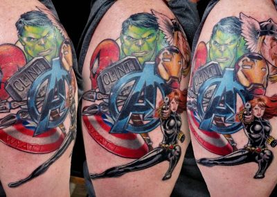 Colorful avengers picture tattoo on upper right sleeve