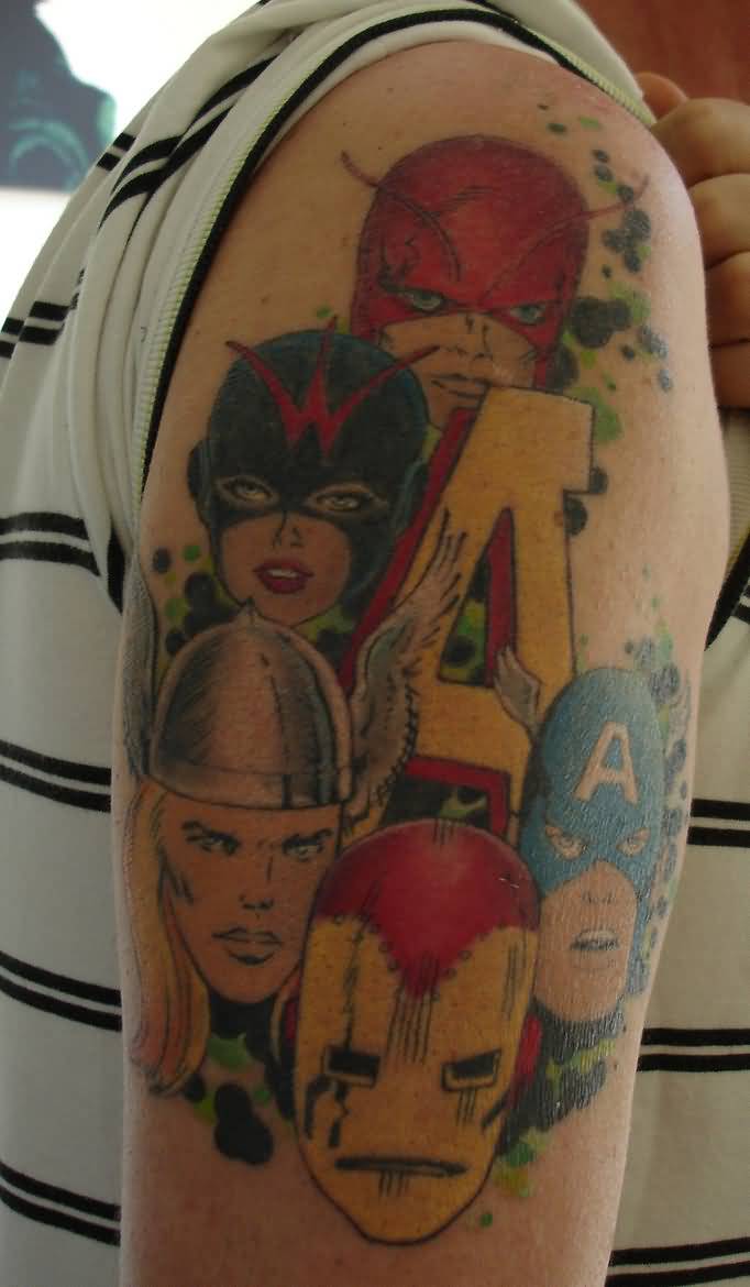 Colorful avengers picture tattoo on upper sleeve by Monkipigcat