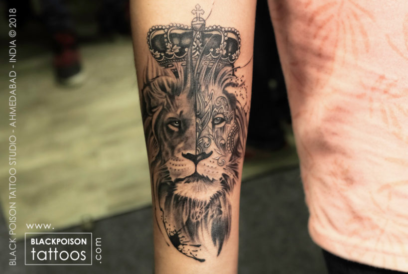 Grey shaded lion king tattoo design on forearm