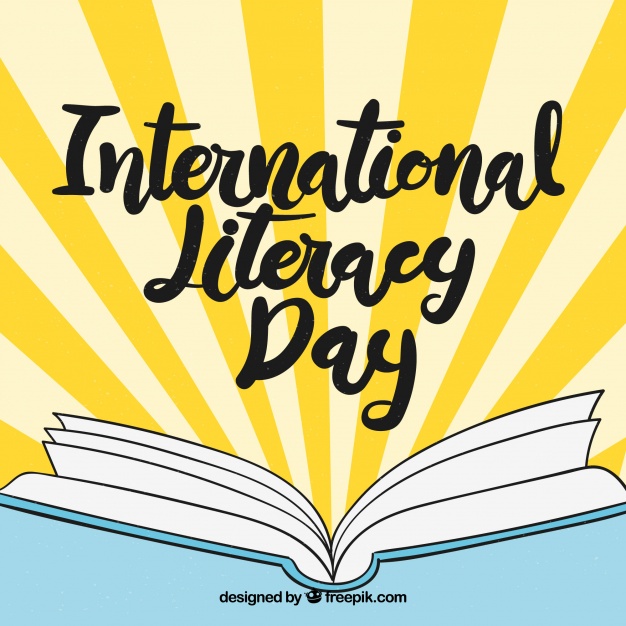 International Literacy Day 2018 hand drawn open book illustration