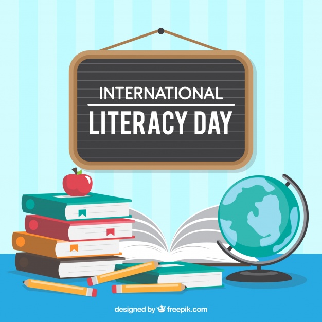 International Literacy Day books and earth globe illustration