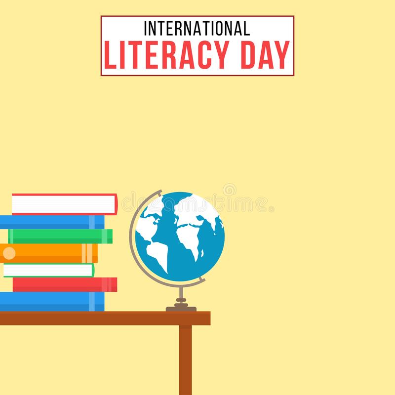 International Literacy Day books and earth globe on table illustration