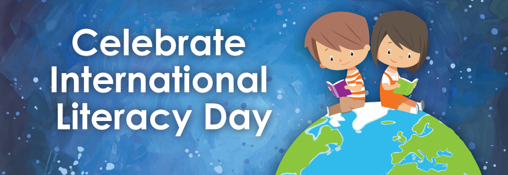 celebrate International Literacy Day kids on earth globe with books header imae