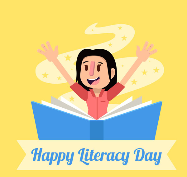 happy literacy day girl with book illustration