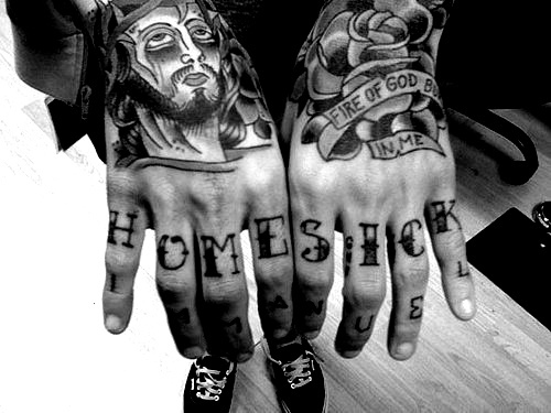 Black home sick wording knuckle tattoo for men