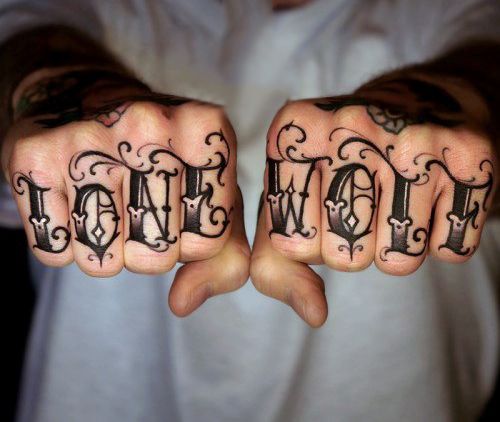 Black lone wolf wording knuckle tattoo for men