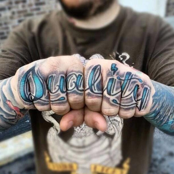 Blue quality texted knuckle tattoo for men