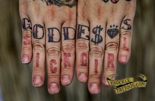 Colored goddess sick girl knuckle tattoo