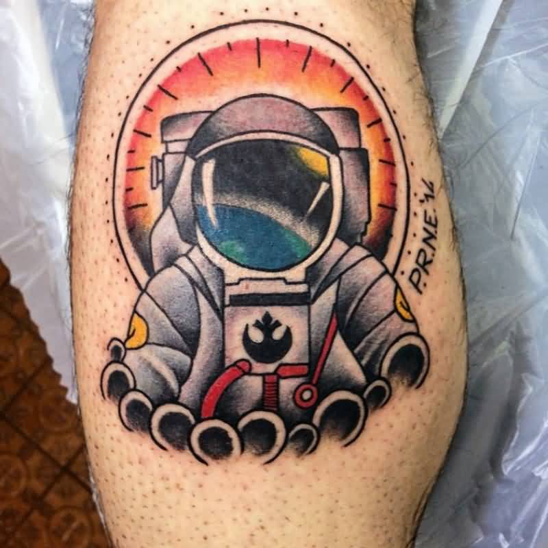 Multicolored cartooned astronaut tattoo on body