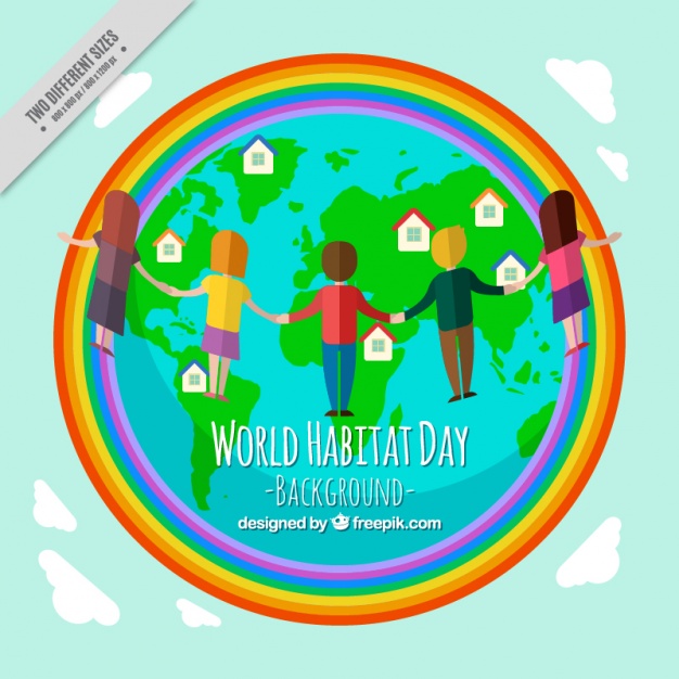 World Habitat Day kids with rainbow illustration