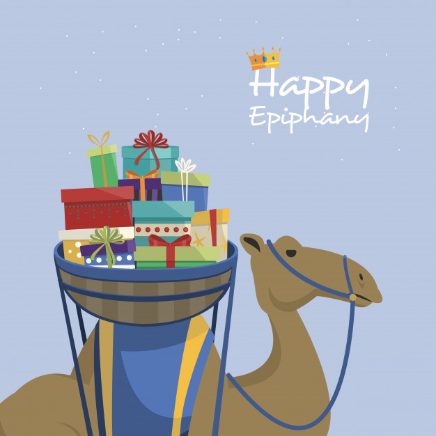 Happy Epiphany gifts on camel illustration