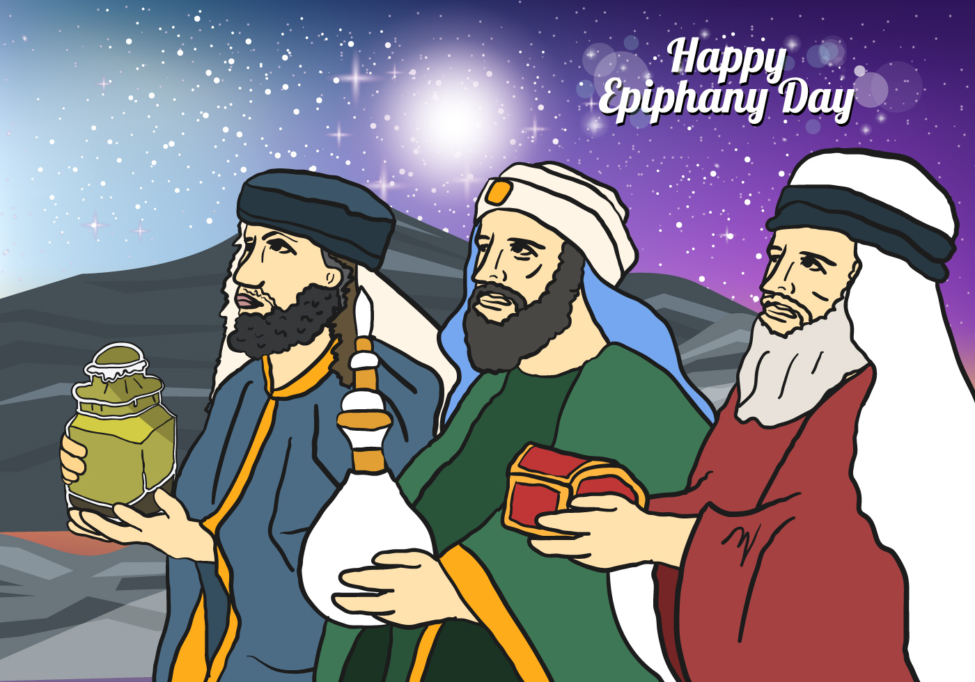 happy Epiphany day three kings with gifts