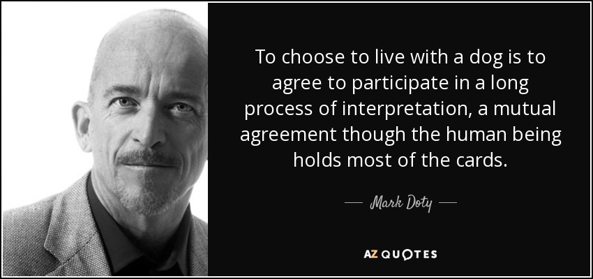 To choose to live with a dog is to agree to participate in a long process of interpretation, a mutual agreement though the human being holds most of the …