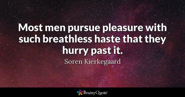 Most men pursue pleasure with such breathless haste that they hurry past it. – Soren kierkegaard