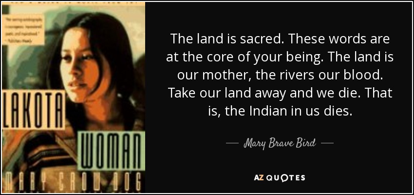 the land is sacred. these words are at the core of your being. the land is our mother, the rivers our blood. take our land away and we die. that is the indian in us dies. mary brave bird