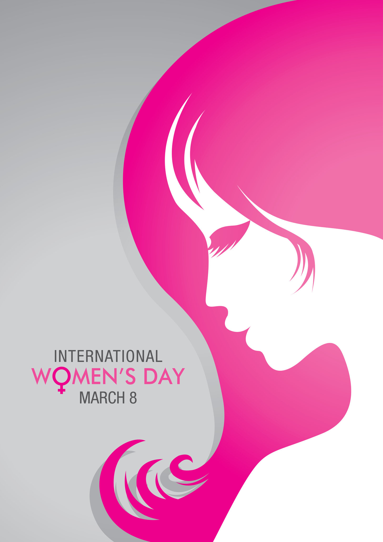 Design about International Women’s Day with a drawing of a woman face with pink hair on gray background