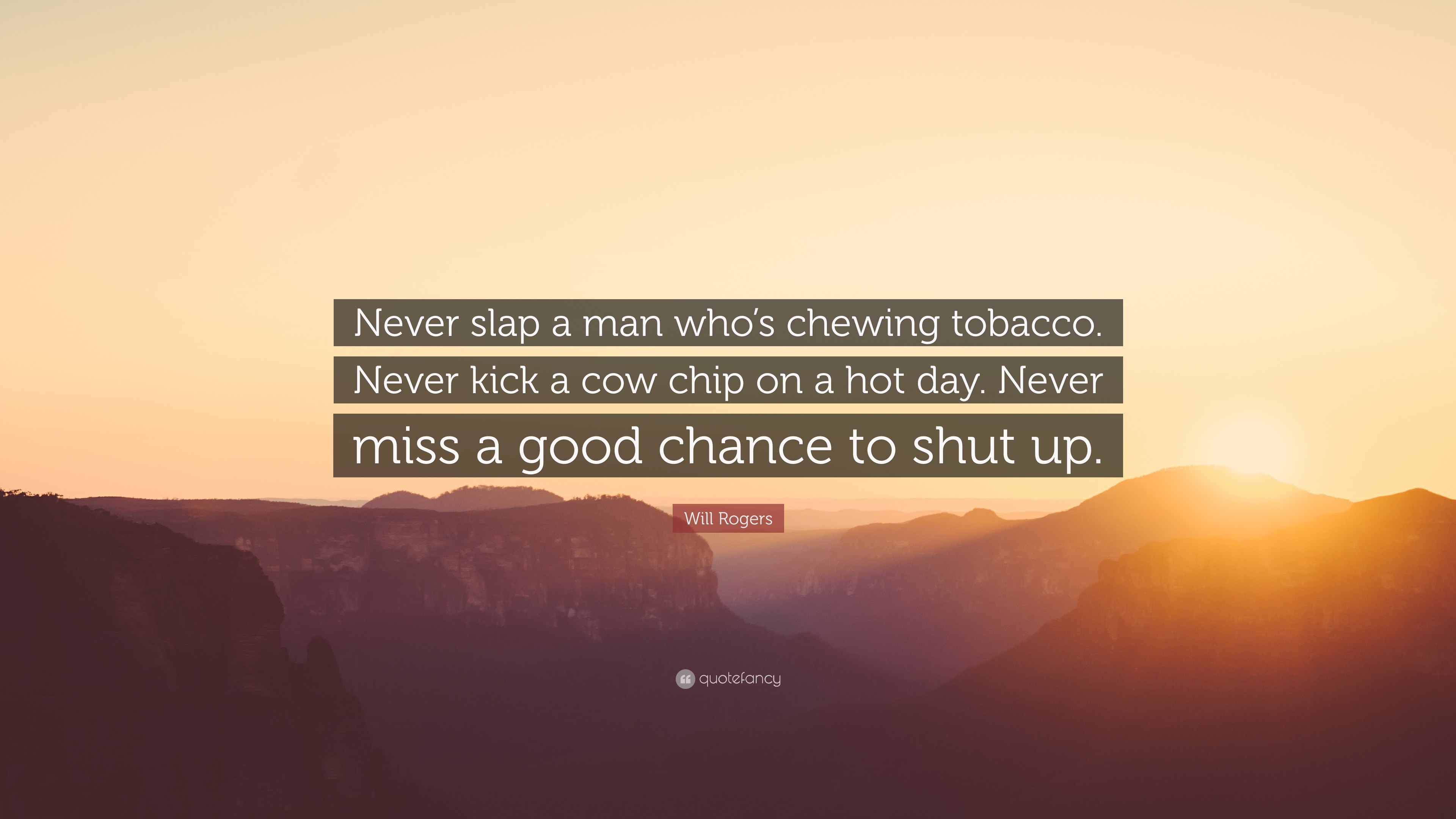 never slap a man who’s chewing tobacco. never kick a cow chip on a hot day. never miss a good chance to shut up. will rogers