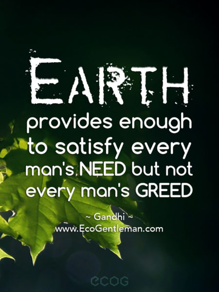 earth provides enough to satisfy every man’s need but not every man’s green. gandhi