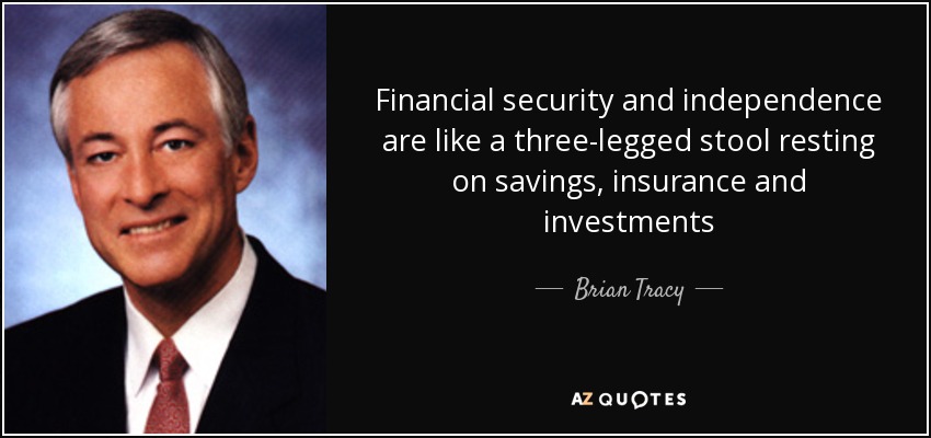 financial security and independence are like a three legged stool resting on savings, insurance and investments. brian tracy