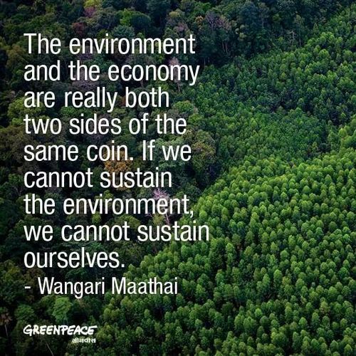 the environment and the economy and really both two sided of the same coin. if we cannot sustain the environment we cannot sustain ourselves. wangari maathai