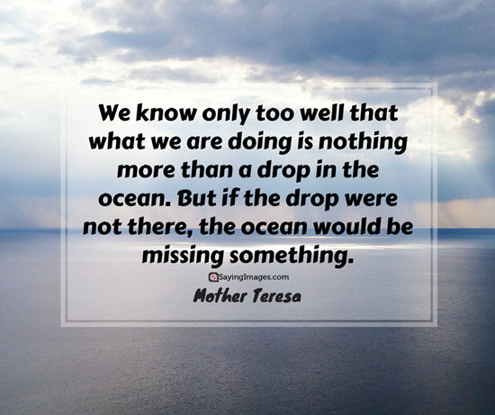 we know only too well that what we are doing is nothing more than a drop in the ocean. but if the drop were not there the ocean would be missing something. mother teresa