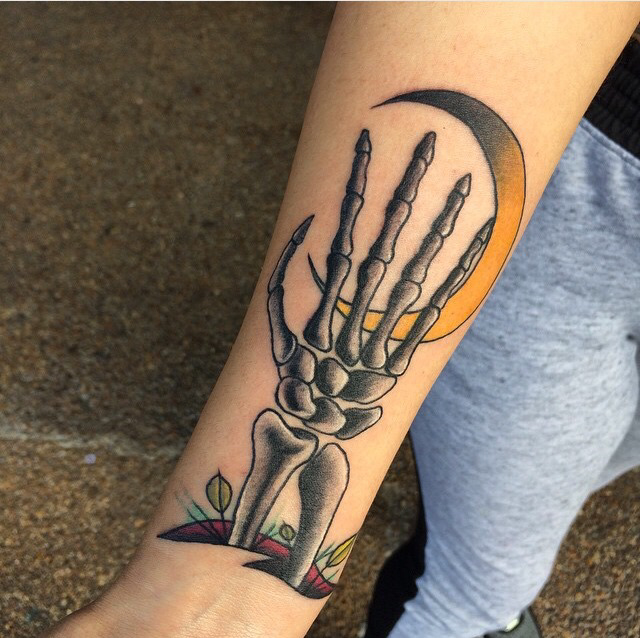 Moon And Skeleton HandTattoo On Forearm by Luc.CBT